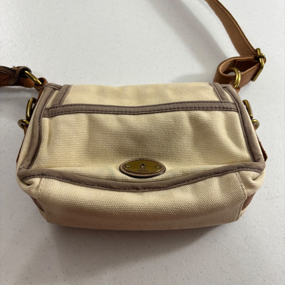 Fossil Long Live Vintage Issue 54 Canvas Crossbody Bag Cream Brown Messenger - Picture 13 of 16